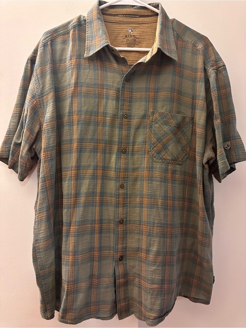Kuhl Men's Short Sleeve Plaid Button-Down in Teal and Brown